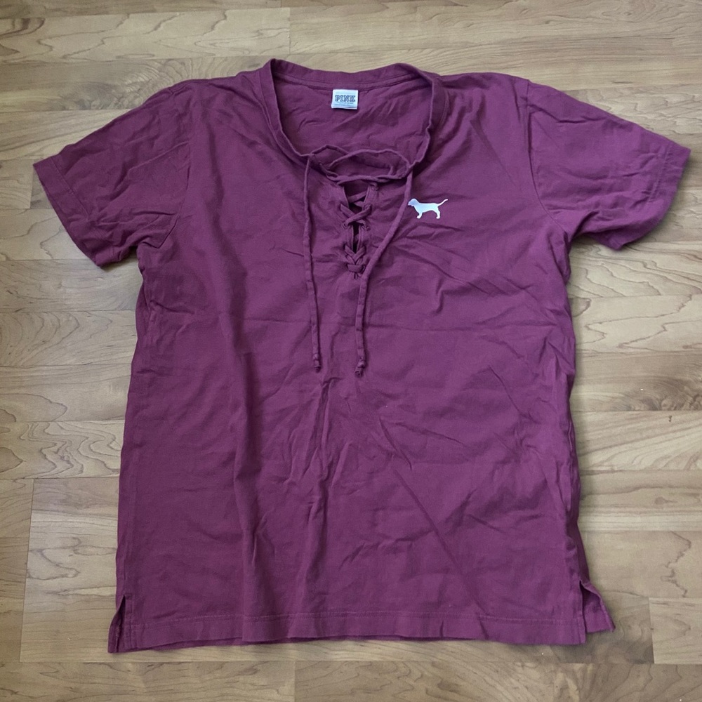 PINK Lace Up V-neck  T-shirt